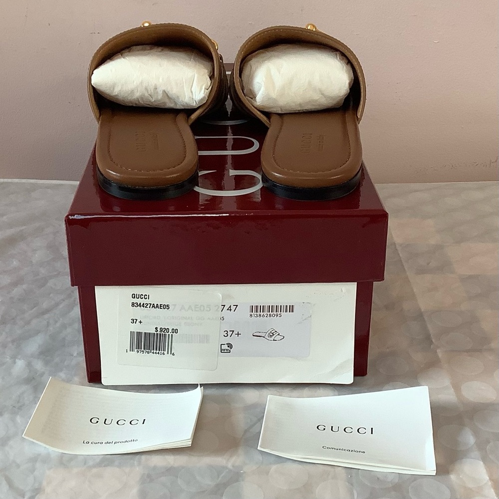 BNIB Gucci Alfa Gold Horsebit Brown GG Canvas Logo Leather Flat Slip Sandal 37.5 - Picture 9 of 12